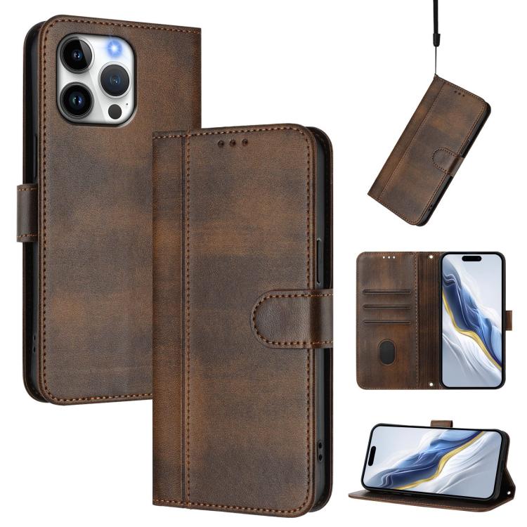 Line Splicing Buckle Retro Leather Phone Case, For iPhone 16 Pro, For iPhone 16 Plus, For iPhone 16