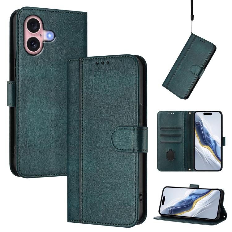 Line Splicing Buckle Retro Leather Phone Case, For iPhone 16 Pro, For iPhone 16 Plus, For iPhone 16