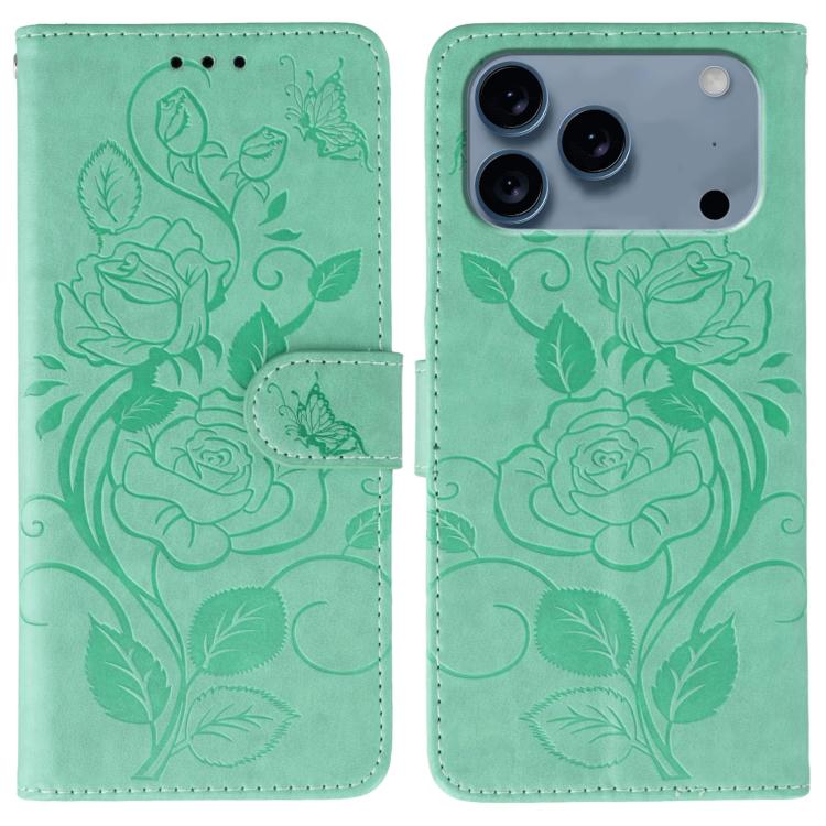 Rose Butterfly Embossed Leather Phone Case, For iPhone 17e / 16e, For iPhone 17 Pro Max, For iPhone 17 Pro, For iPhone 17