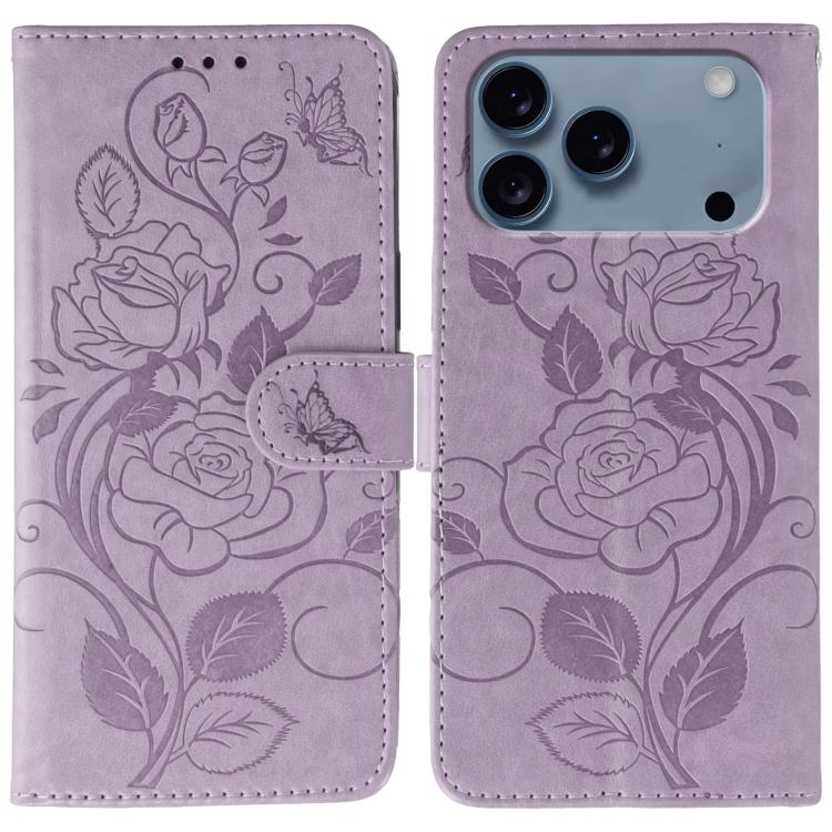 Rose Butterfly Embossed Leather Phone Case, For iPhone 17e / 16e, For iPhone 17 Pro Max, For iPhone 17 Pro, For iPhone 17