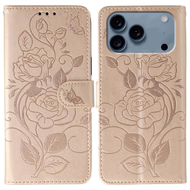 Rose Butterfly Embossed Leather Phone Case, For iPhone 17e / 16e, For iPhone 17 Pro Max, For iPhone 17 Pro, For iPhone 17