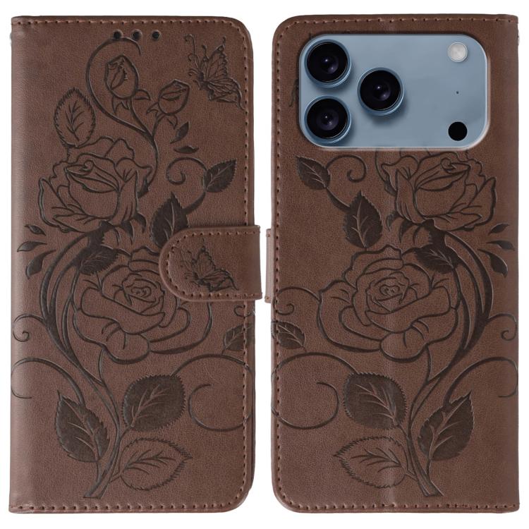Rose Butterfly Embossed Leather Phone Case, For iPhone 17e / 16e, For iPhone 17 Pro Max, For iPhone 17 Pro, For iPhone 17