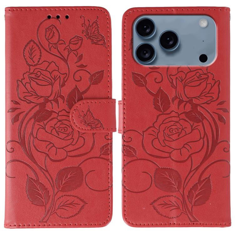 Rose Butterfly Embossed Leather Phone Case, For iPhone 17e / 16e, For iPhone 17 Pro Max, For iPhone 17 Pro, For iPhone 17