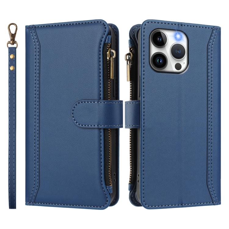 Magnetic Closure 9 Card Slots Zipper Leather Case with Hand Strap, For iPhone 14 Pro Max, For iPhone SE 2022 / 2020 / 8 / 7, For iPhone 13 Pro Max, For iPhone 13 Pro