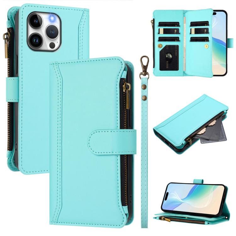 Magnetic Closure 9 Card Slots Zipper Leather Case with Hand Strap, For iPhone 14 Pro Max, For iPhone SE 2022 / 2020 / 8 / 7, For iPhone 13 Pro Max, For iPhone 13 Pro