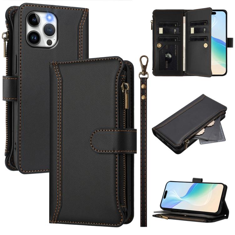 Magnetic Closure 9 Card Slots Zipper Leather Case with Hand Strap, For iPhone 14 Pro Max, For iPhone SE 2022 / 2020 / 8 / 7, For iPhone 13 Pro Max, For iPhone 13 Pro