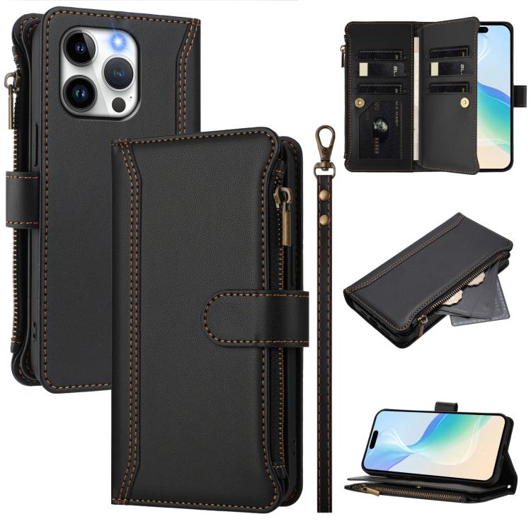 Magnetic Closure 9 Card Slots Zipper Leather Case with Hand Strap, For iPhone 14 Pro Max, For iPhone SE 2022 / 2020 / 8 / 7, For iPhone 13 Pro Max, For iPhone 13 Pro