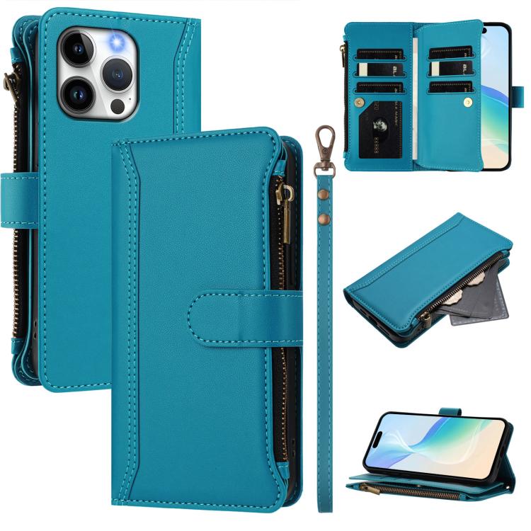 Magnetic Closure 9 Card Slots Zipper Leather Case with Hand Strap, For iPhone 14 Pro Max, For iPhone SE 2022 / 2020 / 8 / 7, For iPhone 13 Pro Max, For iPhone 13 Pro
