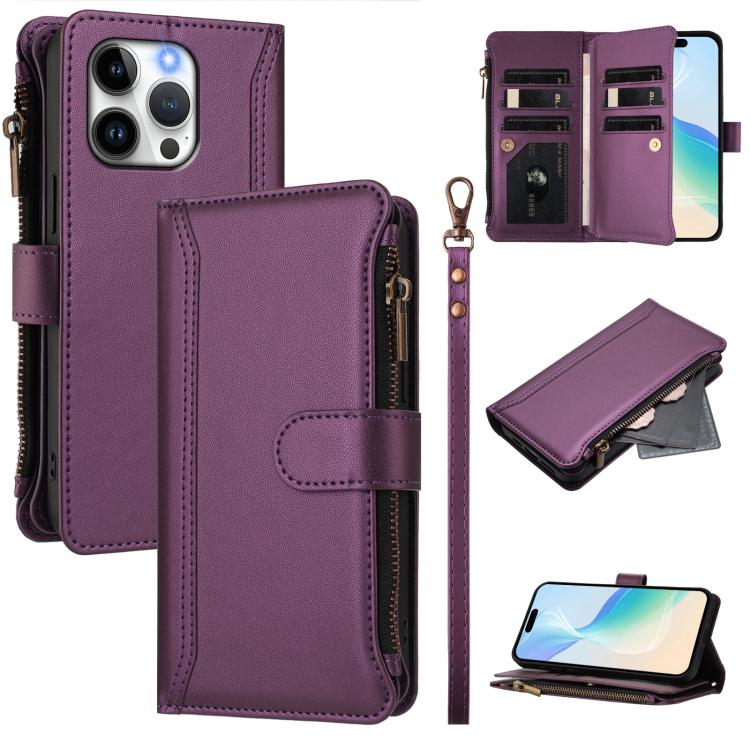 Magnetic Closure 9 Card Slots Zipper Leather Case with Hand Strap, For iPhone 14 Pro Max, For iPhone SE 2022 / 2020 / 8 / 7, For iPhone 13 Pro Max, For iPhone 13 Pro