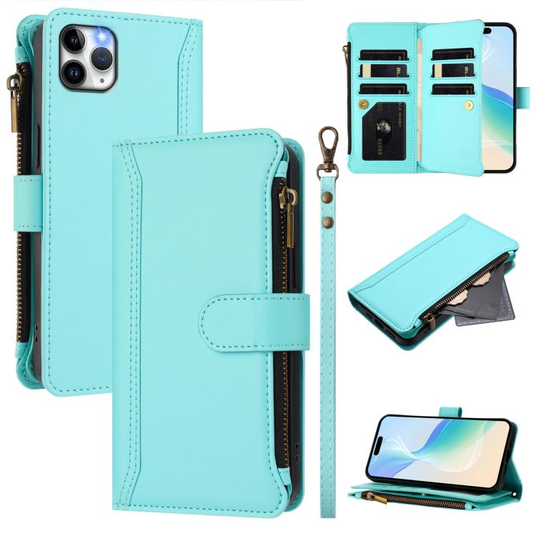 Magnetic Closure 9 Card Slots Zipper Leather Case with Hand Strap, For iPhone 11 Pro Max, For iPhone 11, For iPhone 11 Pro, For iPhone XS / X