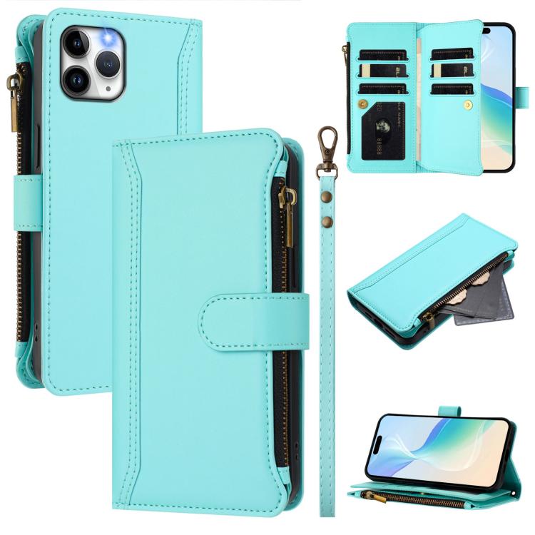 Magnetic Closure 9 Card Slots Zipper Leather Case with Hand Strap, For iPhone 11 Pro Max, For iPhone 11, For iPhone 11 Pro, For iPhone XS / X