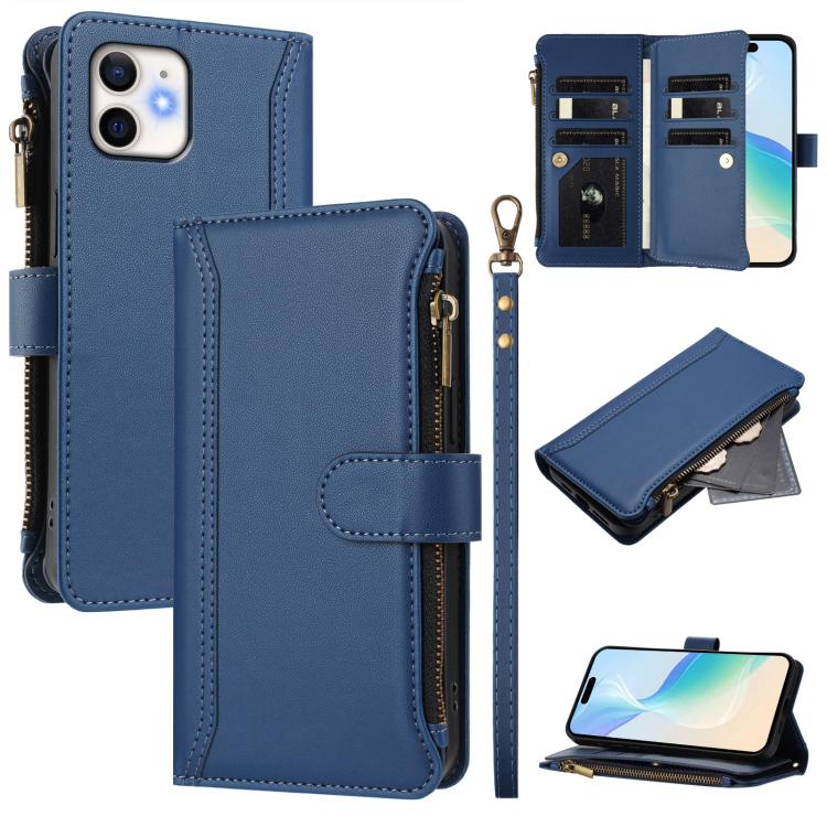 Magnetic Closure 9 Card Slots Zipper Leather Case with Hand Strap, For iPhone 11 Pro Max, For iPhone 11, For iPhone 11 Pro, For iPhone XS / X
