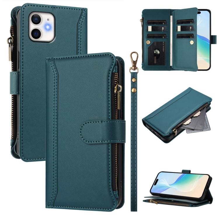 Magnetic Closure 9 Card Slots Zipper Leather Case with Hand Strap, For iPhone 11 Pro Max, For iPhone 11, For iPhone 11 Pro, For iPhone XS / X