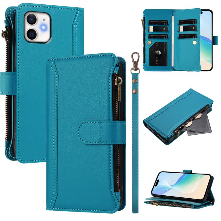 Magnetic Closure 9 Card Slots Zipper Leather Case with Hand Strap, For iPhone 11 Pro Max, For iPhone 11, For iPhone 11 Pro, For iPhone XS / X