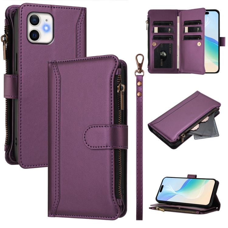Magnetic Closure 9 Card Slots Zipper Leather Case with Hand Strap, For iPhone 11 Pro Max, For iPhone 11, For iPhone 11 Pro, For iPhone XS / X