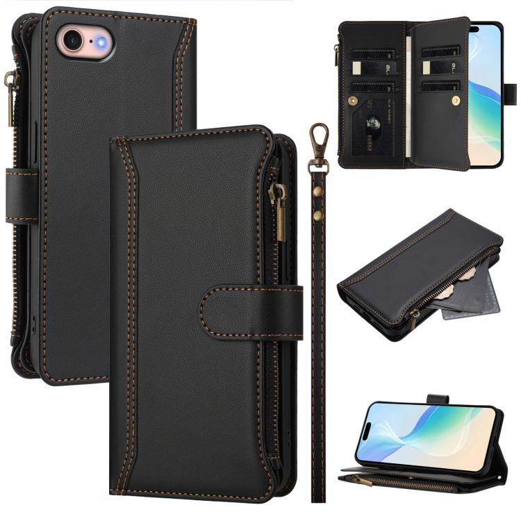 Magnetic Closure 9 Card Slots Zipper Leather Case with Hand Strap, For iPhone 14 Pro Max, For iPhone SE 2022 / 2020 / 8 / 7, For iPhone 13 Pro Max, For iPhone 13 Pro