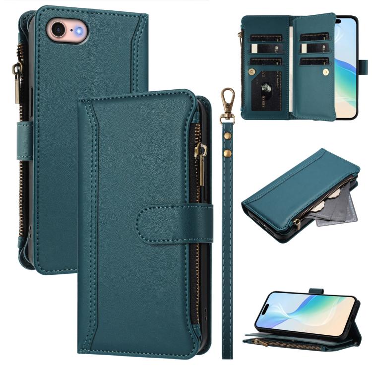 Magnetic Closure 9 Card Slots Zipper Leather Case with Hand Strap, For iPhone 14 Pro Max, For iPhone SE 2022 / 2020 / 8 / 7, For iPhone 13 Pro Max, For iPhone 13 Pro