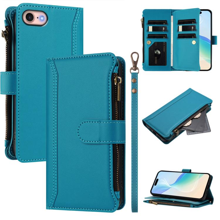 Magnetic Closure 9 Card Slots Zipper Leather Case with Hand Strap, For iPhone 14 Pro Max, For iPhone SE 2022 / 2020 / 8 / 7, For iPhone 13 Pro Max, For iPhone 13 Pro
