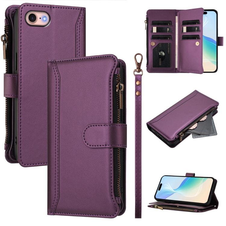 Magnetic Closure 9 Card Slots Zipper Leather Case with Hand Strap, For iPhone 14 Pro Max, For iPhone SE 2022 / 2020 / 8 / 7, For iPhone 13 Pro Max, For iPhone 13 Pro