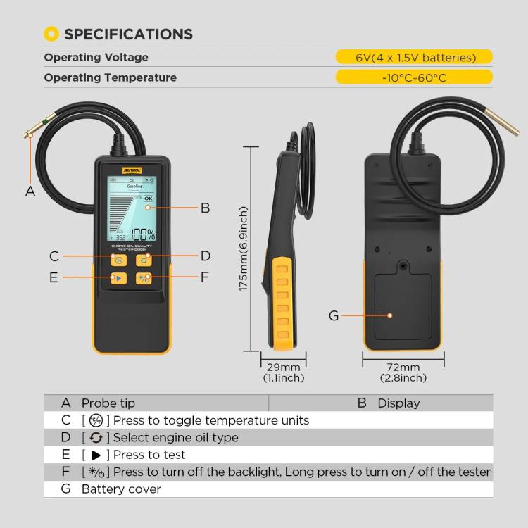 AUTOOL AS503 2.8 inch Backlit Display Car Engine Oil Tester Lubricating Oil Quality Analyzer, AS503