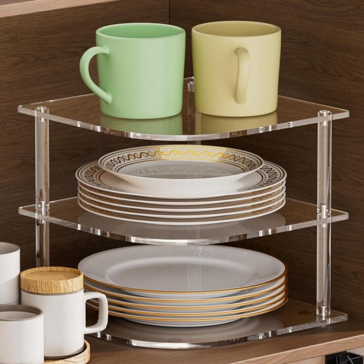 YX165 Acrylic 3 Tier Corner Plates and Bowls Organizer Shelf, YX165