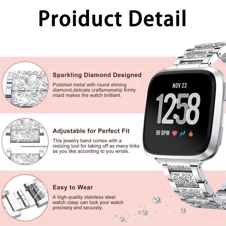xDfind Diamond Jewelry Stainless Steel Watch Band, For Fitbit Charge 6 / 5 18mm, For Fitbit Versa 4 / 3 / Sense2 / 1 20mm, For Fitbit Inspire 2 / Ace 3 14mm, For Fitbit Charge 4 / 3 18mm