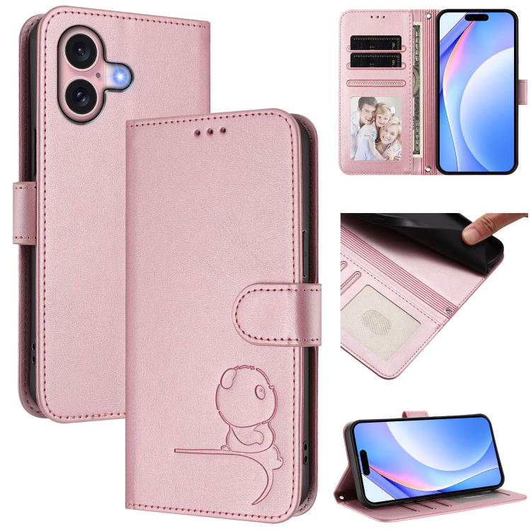 Litter Panda Embossing RFID Leather Phone Case with Lanyard, For iPhone 16, For iPhone 15 Pro Max, For iPhone 15 Pro, For iPhone 15 Plus