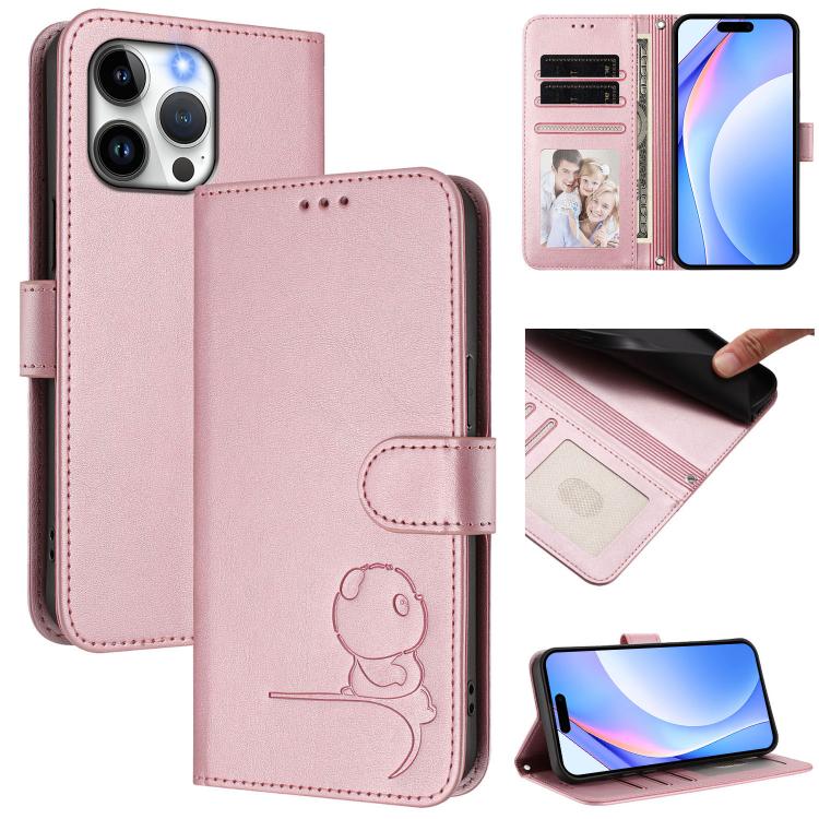 Litter Panda Embossing RFID Leather Phone Case with Lanyard, For iPhone 16, For iPhone 15 Pro Max, For iPhone 15 Pro, For iPhone 15 Plus