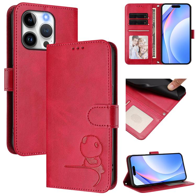 Litter Panda Embossing RFID Leather Phone Case with Lanyard, For iPhone 16, For iPhone 15 Pro Max, For iPhone 15 Pro, For iPhone 15 Plus