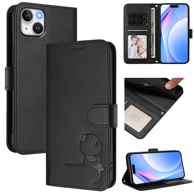 Litter Panda Embossing RFID Leather Phone Case with Lanyard, For iPhone 16, For iPhone 15 Pro Max, For iPhone 15 Pro, For iPhone 15 Plus