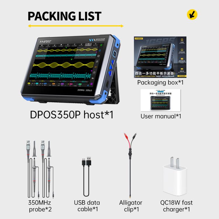 FNIRSI DPOS350P 4 in 1 7 inch IPS HD Touch Screen 350M Tablet Oscilloscope, DPOS350P(US Plug), DPOS350P(EU Plug)