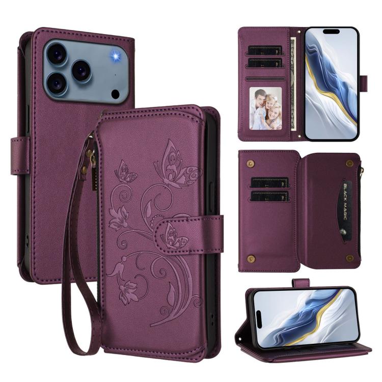 Butterfly Love Flower Multi-card Zipper Wallet Leather Phone Case, For iPhone 17e / 16e, For iPhone 17 Pro Max, For iPhone 17 Pro