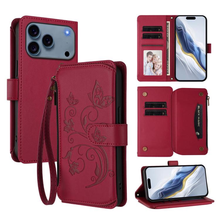 Butterfly Love Flower Multi-card Zipper Wallet Leather Phone Case, For iPhone 17e / 16e, For iPhone 17 Pro Max, For iPhone 17 Pro