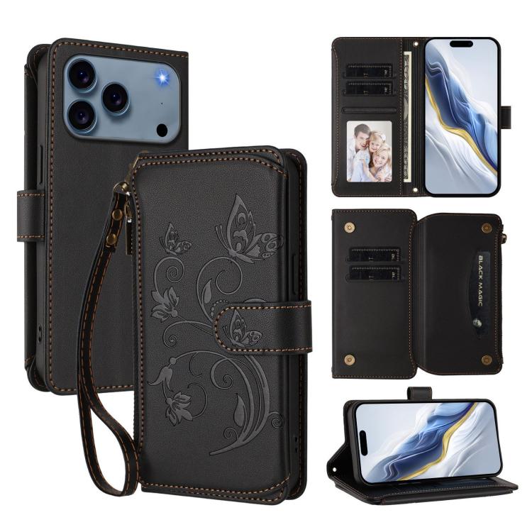 Butterfly Love Flower Multi-card Zipper Wallet Leather Phone Case, For iPhone 17e / 16e, For iPhone 17 Pro Max, For iPhone 17 Pro