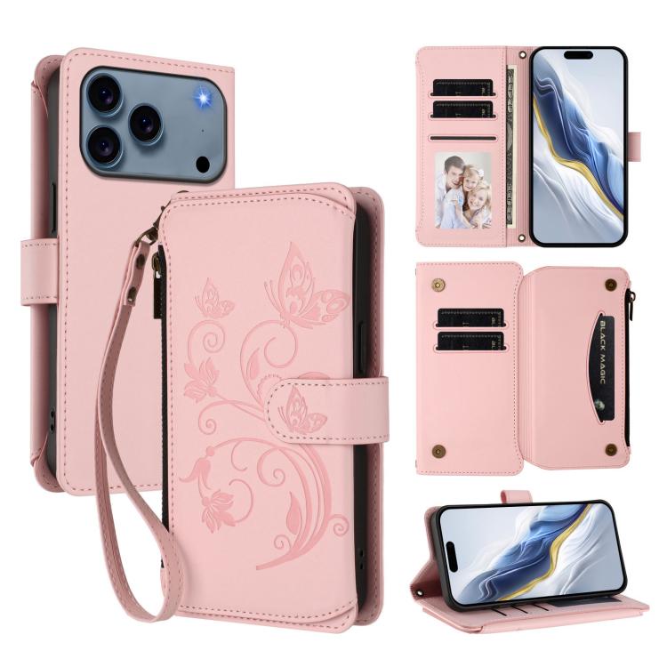 Butterfly Love Flower Multi-card Zipper Wallet Leather Phone Case, For iPhone 17e / 16e, For iPhone 17 Pro Max, For iPhone 17 Pro