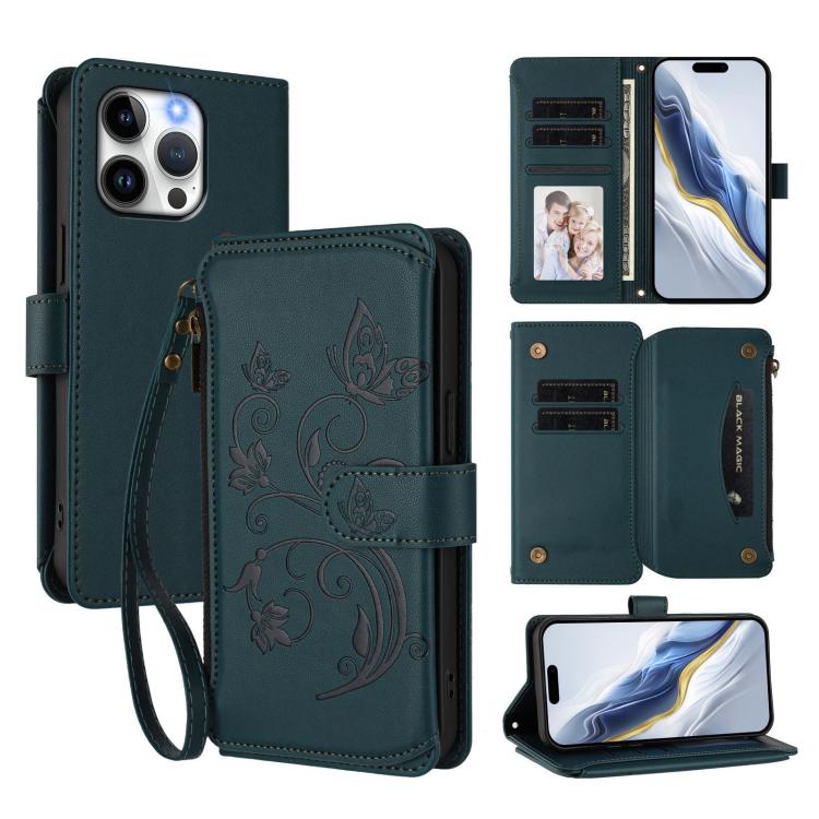 Butterfly Love Flower Multi-card Zipper Wallet Leather Phone Case, For iPhone 15 Pro Max, For iPhone 15 Pro, For iPhone 15 Plus
