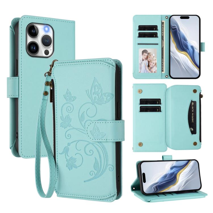 Butterfly Love Flower Multi-card Zipper Wallet Leather Phone Case, For iPhone 15 Pro Max, For iPhone 15 Pro, For iPhone 15 Plus