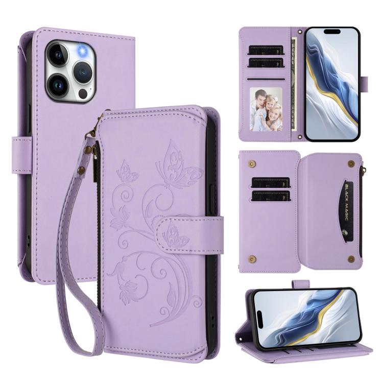 Butterfly Love Flower Multi-card Zipper Wallet Leather Phone Case, For iPhone 15 Pro Max, For iPhone 15 Pro, For iPhone 15 Plus