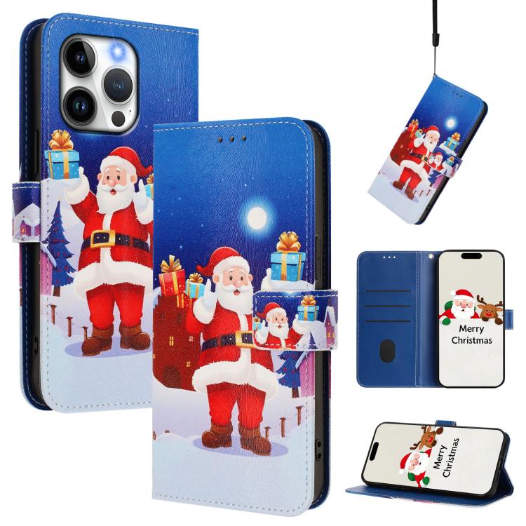Christmas Series Buckle Leather Phone Case with Hand Strap, For iPhone 16, For iPhone 15 Pro Max, For iPhone 15 Pro, For iPhone 15 Plus