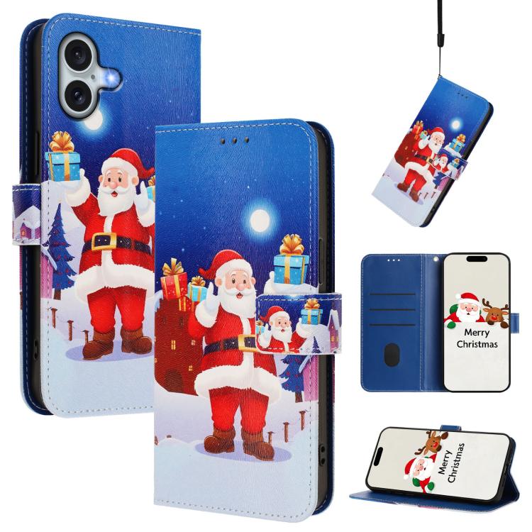 Christmas Series Buckle Leather Phone Case with Hand Strap, For iPhone 16, For iPhone 15 Pro Max, For iPhone 15 Pro, For iPhone 15 Plus