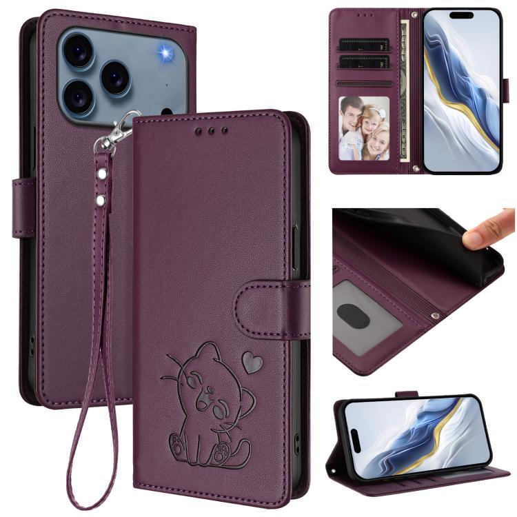 Embossed Heart Cat Leather Phone Case with Hand Strap, For iPhone 17e / 16e, For iPhone 17 Pro Max