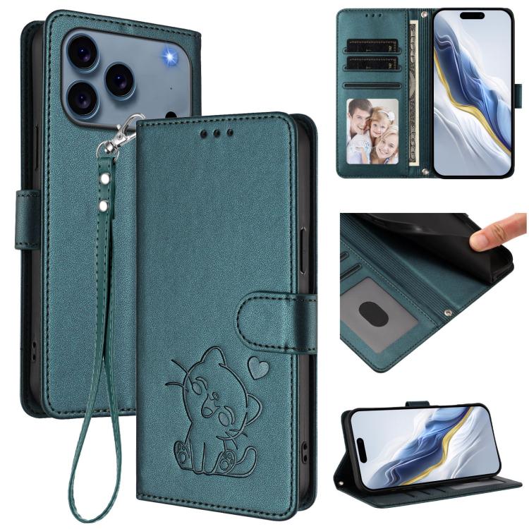 Embossed Heart Cat Leather Phone Case with Hand Strap, For iPhone 17e / 16e, For iPhone 17 Pro Max