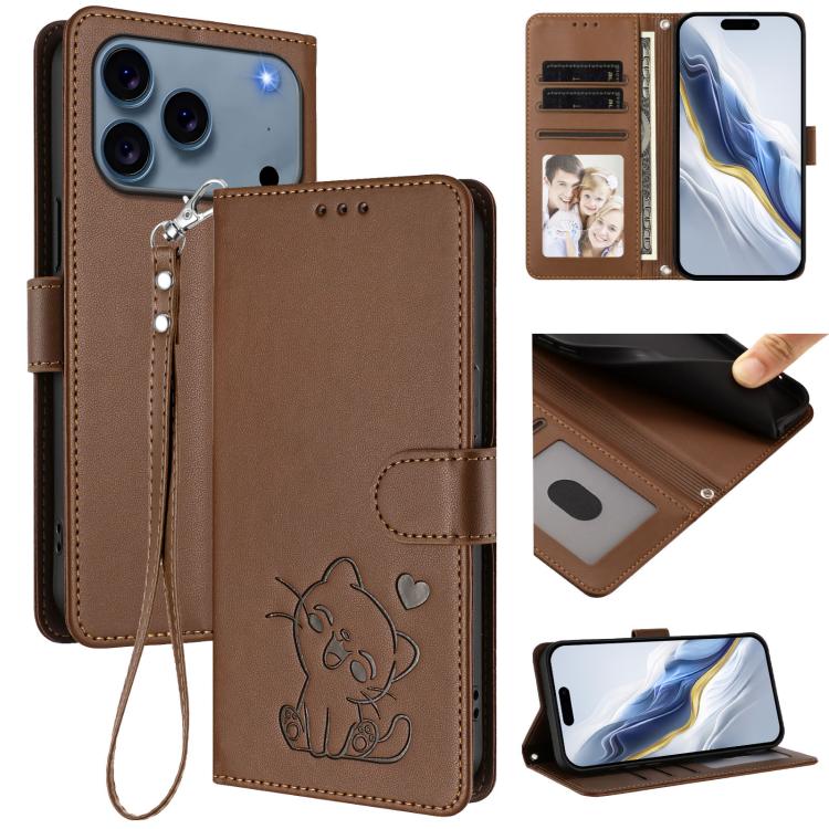 Embossed Heart Cat Leather Phone Case with Hand Strap, For iPhone 17e / 16e, For iPhone 17 Pro Max