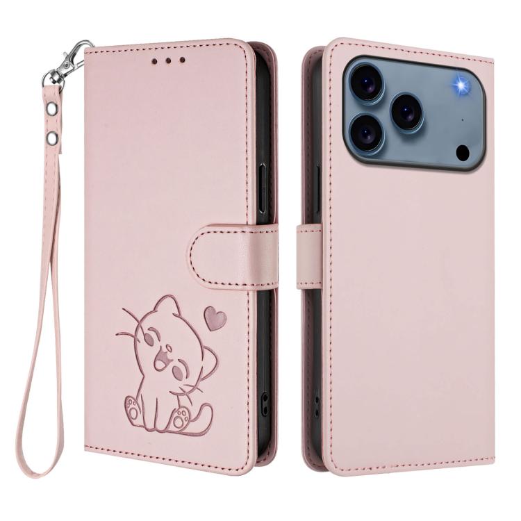 Embossed Heart Cat Leather Phone Case with Hand Strap, For iPhone 17 Pro, For iPhone 17
