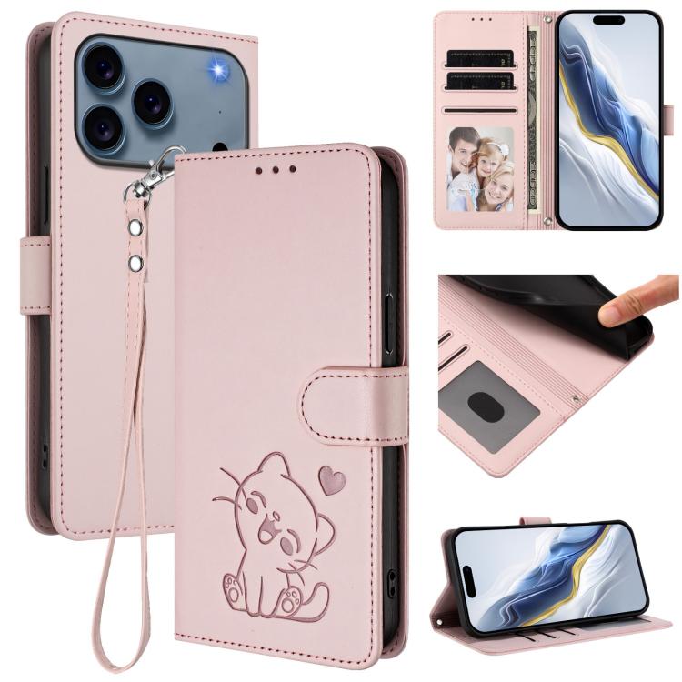 Embossed Heart Cat Leather Phone Case with Hand Strap, For iPhone 17 Pro, For iPhone 17