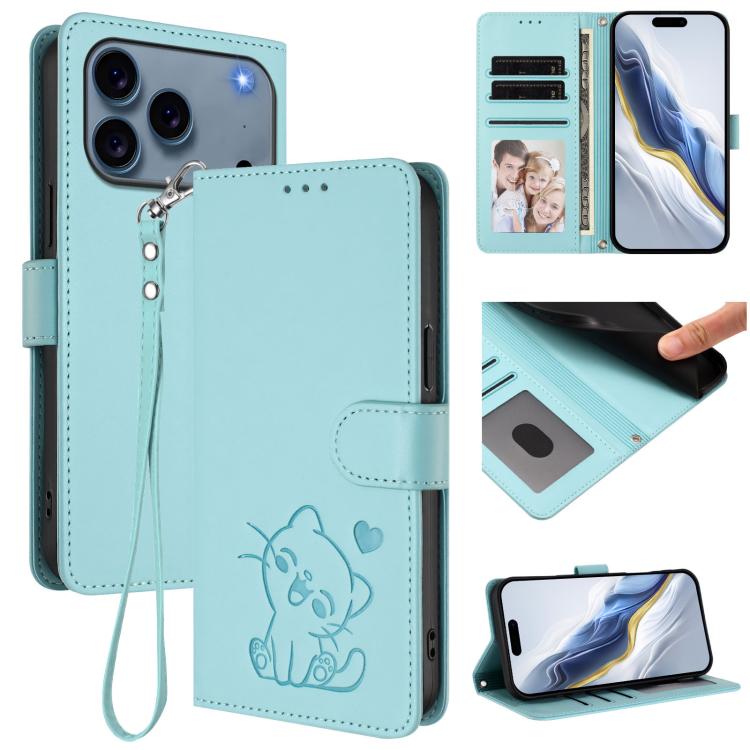 Embossed Heart Cat Leather Phone Case with Hand Strap, For iPhone 17 Pro, For iPhone 17