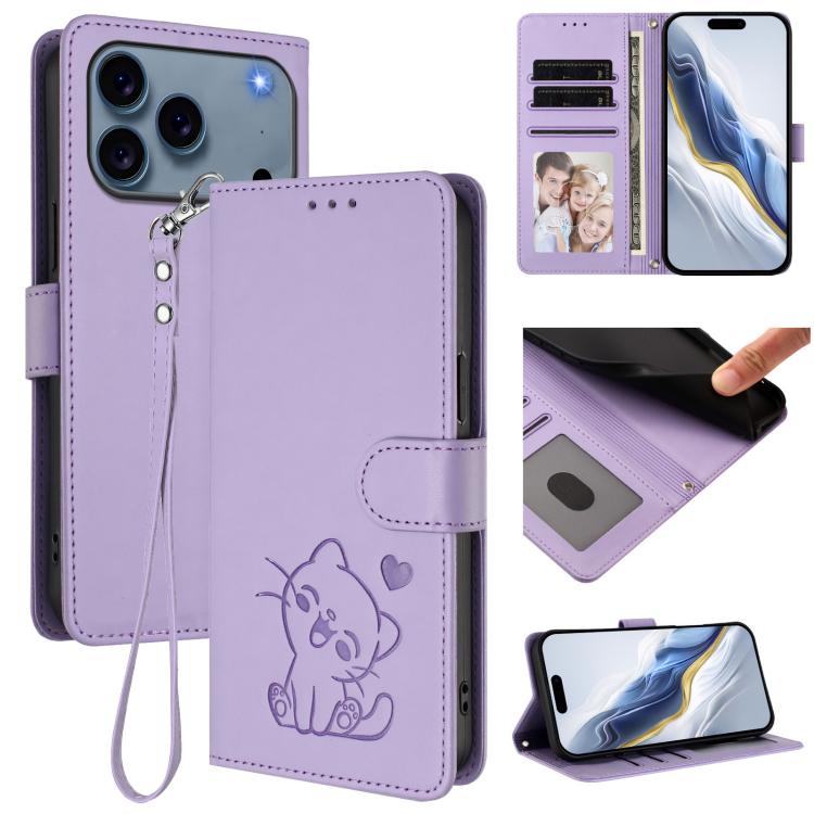 Embossed Heart Cat Leather Phone Case with Hand Strap, For iPhone 17 Pro, For iPhone 17