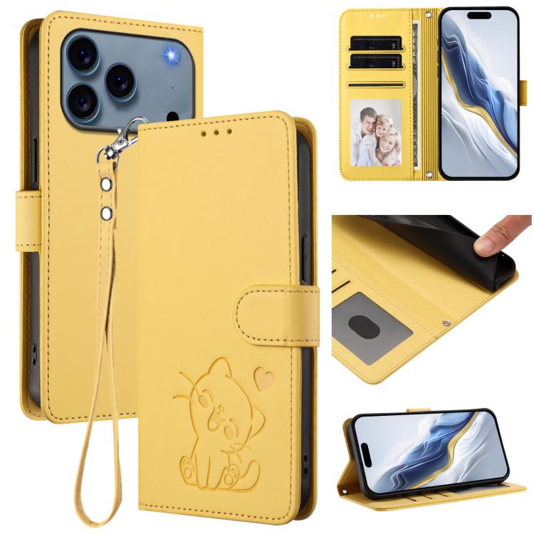 Embossed Heart Cat Leather Phone Case with Hand Strap, For iPhone 17 Pro, For iPhone 17