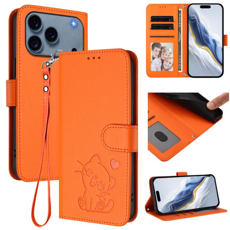 Embossed Heart Cat Leather Phone Case with Hand Strap, For iPhone 17 Pro, For iPhone 17