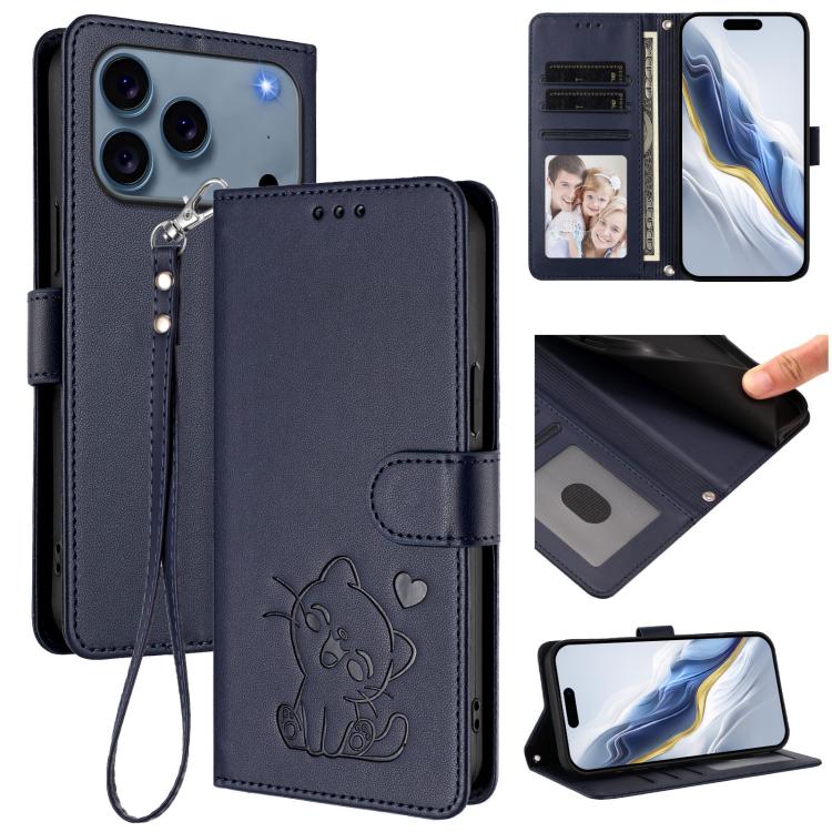 Embossed Heart Cat Leather Phone Case with Hand Strap, For iPhone 17 Pro, For iPhone 17